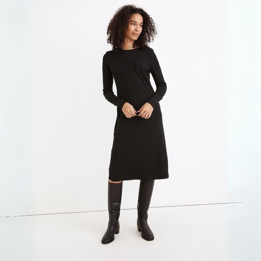Like New Madewell Black Long Sleeve Ribbed Crewneck Pocket Tee Dress